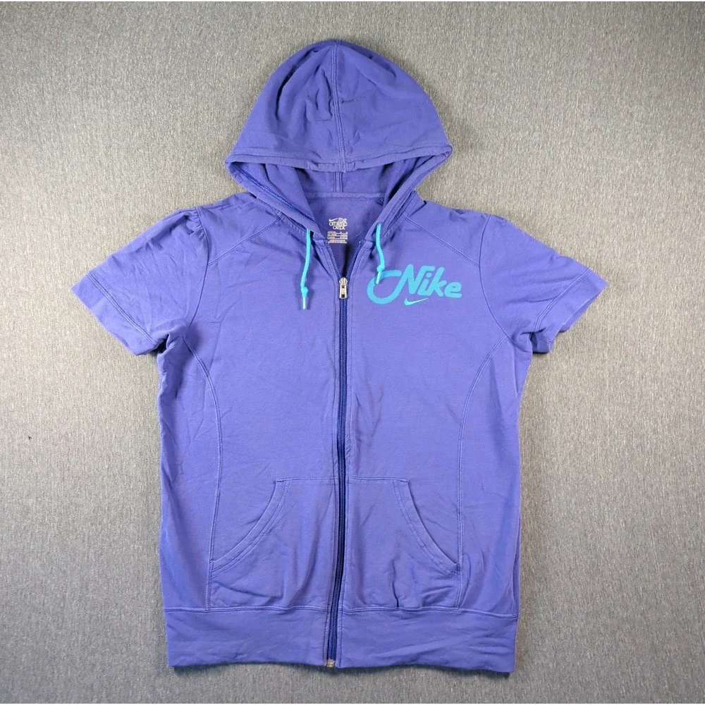 Nike Hoodie Zip Short Sleeve Women L Purple Good Vtg Y2K Athletic Dept Grunge